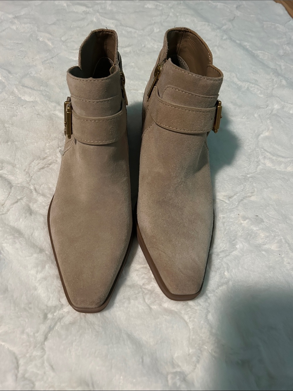 Vince Camuto Taupe Suede Ankle Booties with Buckle